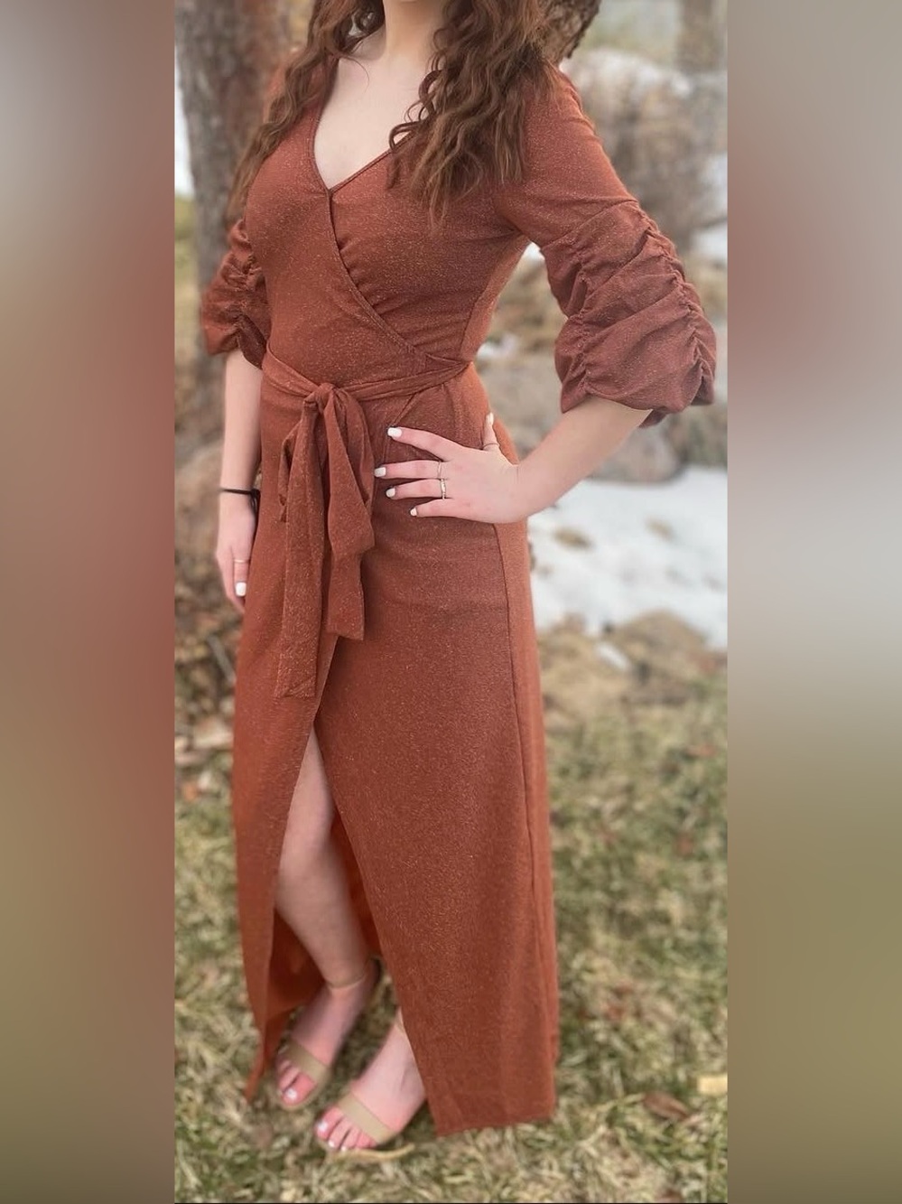 Rust Brown Wrap Maxi Dress with Ruched Sleeves
